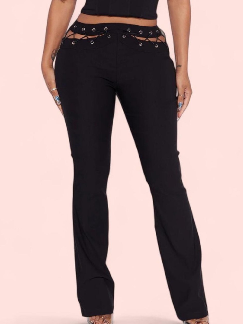 Fashion Nova Black Lace-Up Waist Flare Pants with Eyelets